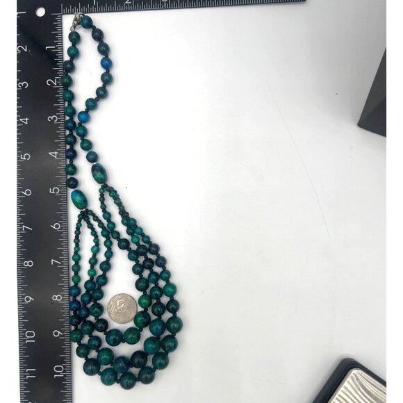 Triple Strand Beaded 20" Necklace Azurite Malachite Composite Blue Green Stone - Picture 5 of 8